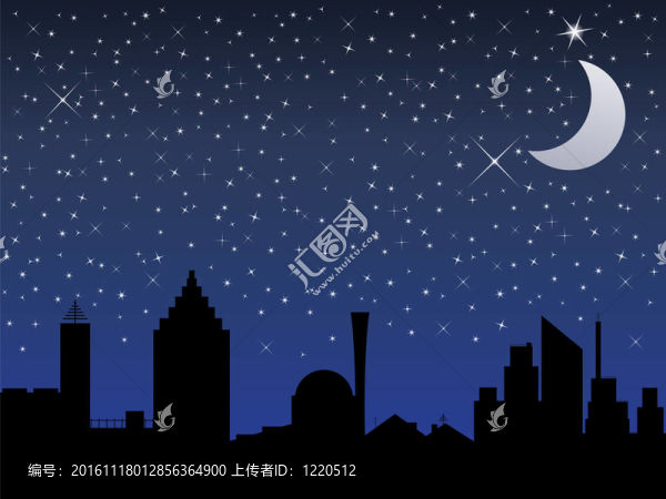 城市和夜空的剪影與星星和Moon；插圖
