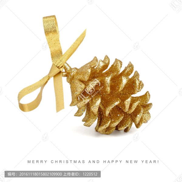 金色的松果弓孤立在白色背景的圣誕卡