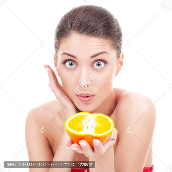驚訝的女人捧著一個(gè)橘子