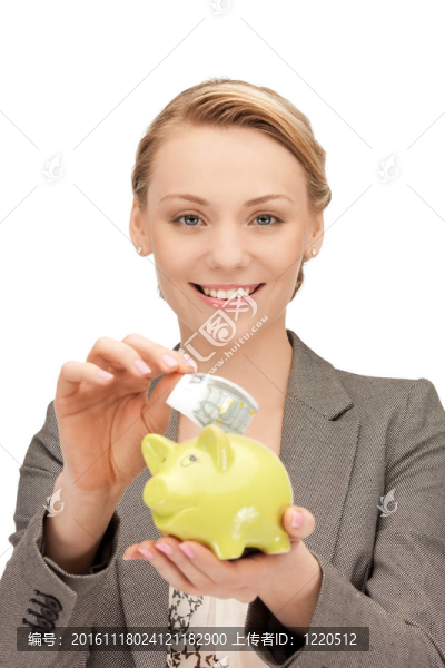 可愛的女人與儲蓄罐和錢