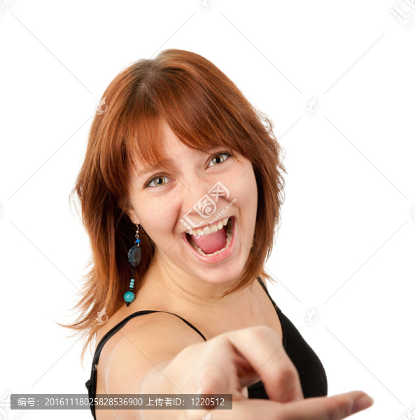 一個漂亮的年輕女人指著你的畫像