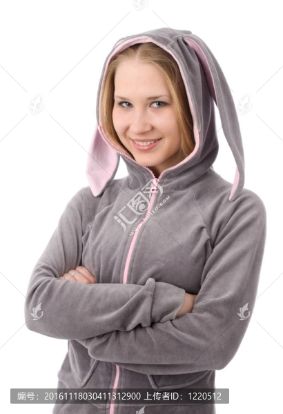 兔子耳朵的女孩。白色背景中分離