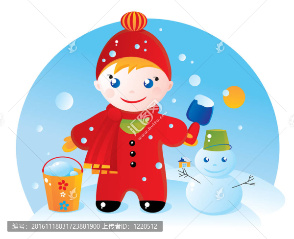 一個(gè)小男孩在冬天散步和他的雪人
