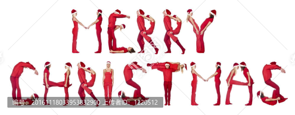 一群穿著紅衣服的人組成圣誕快樂的短語；白色的隔離。