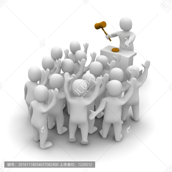 拍賣商手持木錘拍賣。三維渲染插圖。