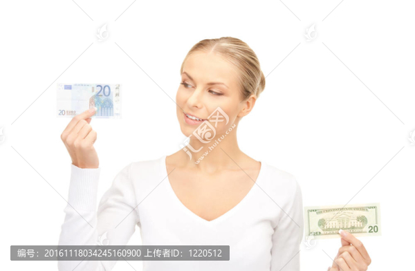 有歐元和美元紙幣的女人