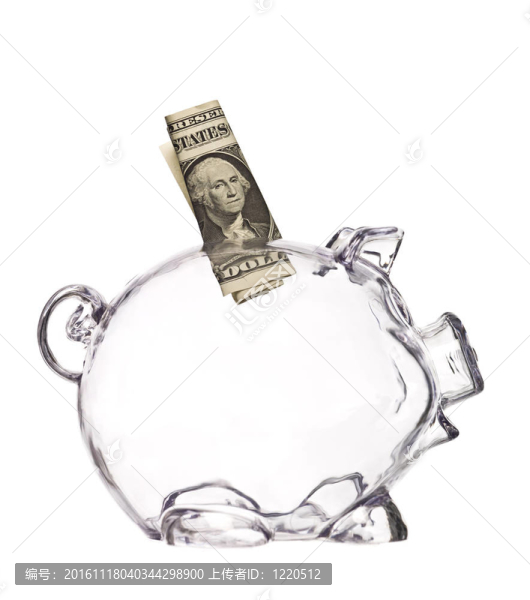 一元鈔票的透明豬銀行