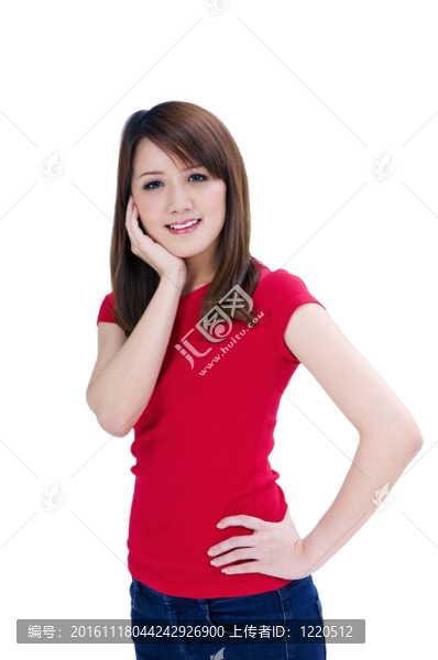 可愛的年輕女士手上的臉頰