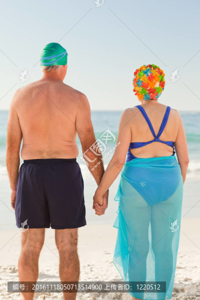 迷戀的老年夫婦在海灘