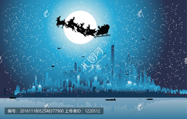 圣誕老人騎著他的雪橇在一個(gè)城市