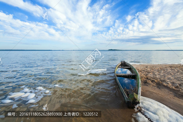 夏季湖岸邊的老泛洪船