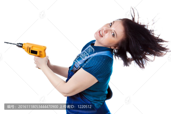 與鉆穿著工作服的漂亮女人。