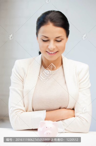 可愛的女人與小豬銀行