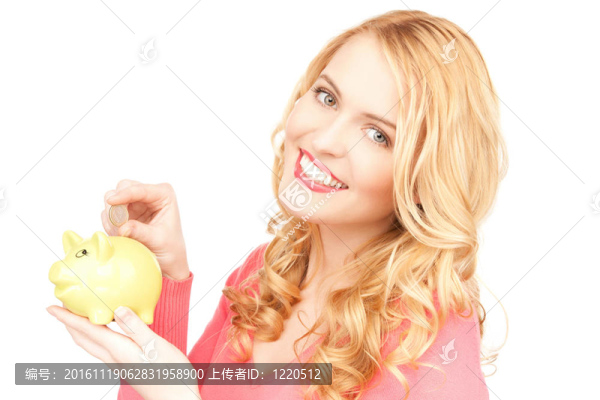 可愛的女人與儲(chǔ)蓄罐和錢