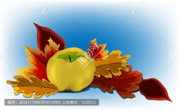 金色的蘋果被藍(lán)色背景的秋葉包圍