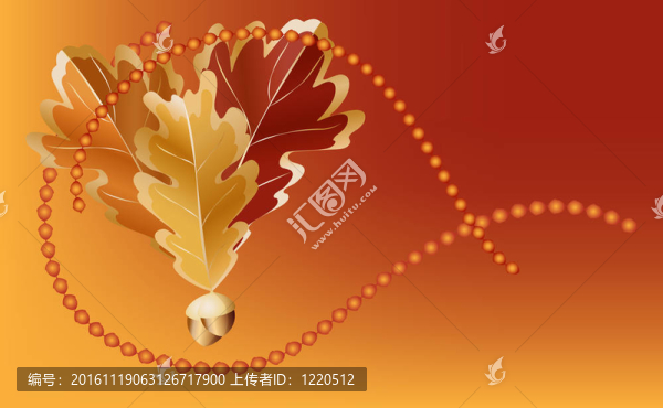橡樹(shù)葉和果實(shí)與金屬銅的外觀和珠在暗橙色背景
