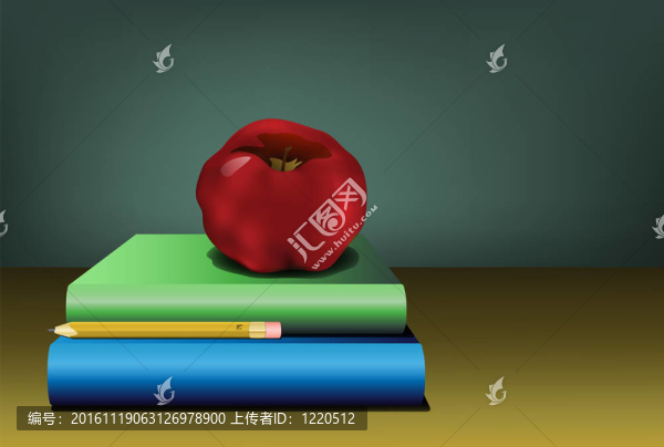 蘋果和鉛筆，坐在一堆用黑板上的彩色背景的教科書