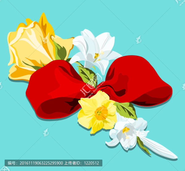 黃玫瑰的花束；白色的百合花和紅色蝴蝶結(jié)的水仙花。