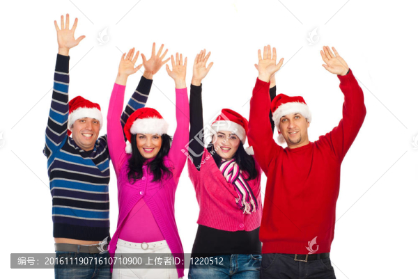 興奮的一群朋友與Santa帽