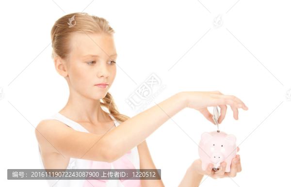 可愛的少女與存錢罐和錢