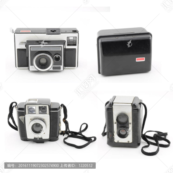 一組白色背景的4臺老式相機。