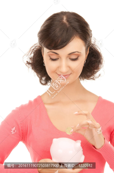 可愛的女人與儲蓄罐和錢