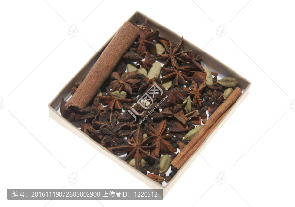 一個各種香料盒中包括八角和桂皮孤立在白色背景上收集。