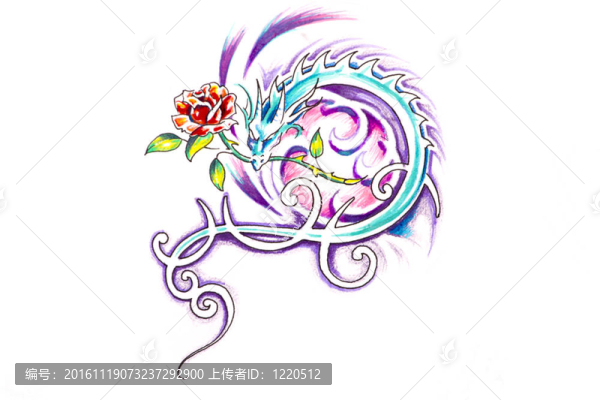紋身藝術(shù)素描；龍與玫瑰