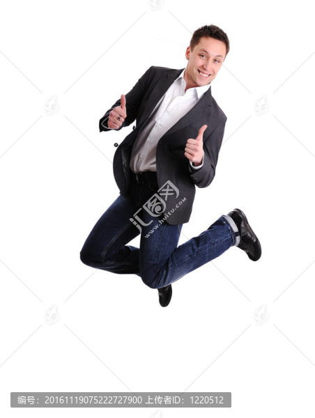 慶祝成功-一個激動的男性企業(yè)高管在空氣中跳反對孤立白色背景