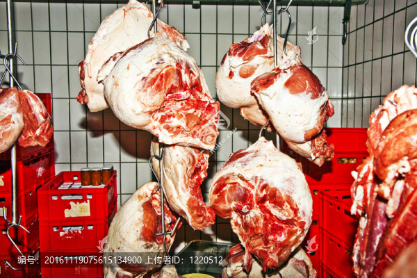 在一個肉店冷庫肉