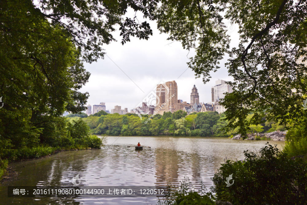 紐約市的中央公園，有樹和摩天大樓，有雨的湖