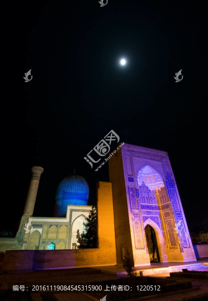 Gur,Emir,Mausoleum在夜晚；撒馬爾罕；烏茲別克斯坦