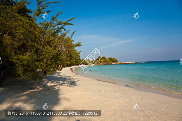 美麗的沙灘，潔白的沙灘和樹木，藍(lán)色的大海，浪漫的景色和蔚藍(lán)的天空