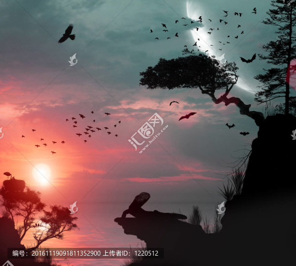 日落時(shí)的海洋中的3D島