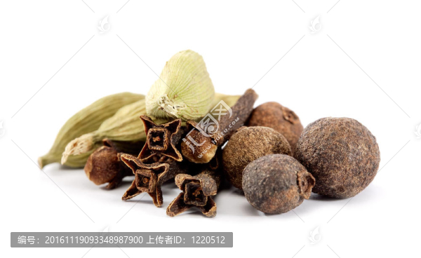 特寫丁香；白色背景豆蔻和香