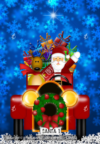 Santa和馴鹿乘坐老式紅色轎車
