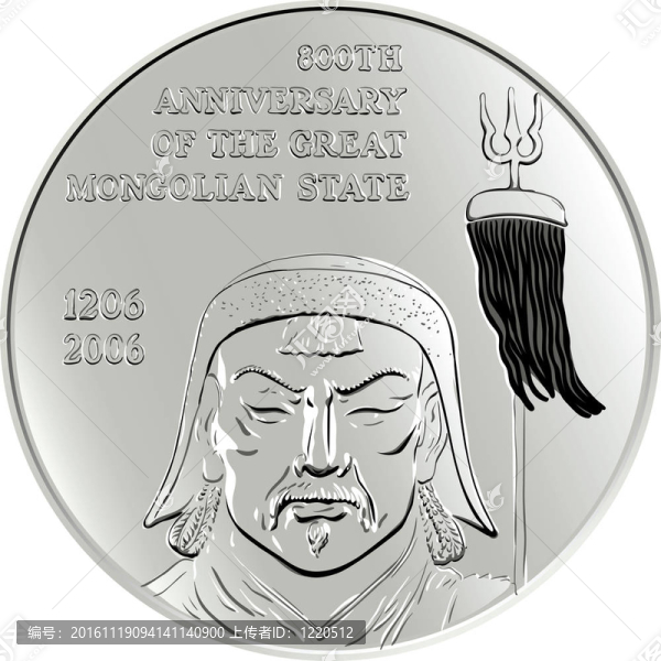 閃亮的銀質(zhì)紀(jì)念幣描繪Mongol,Genghis,Khan；孤立在白色背景