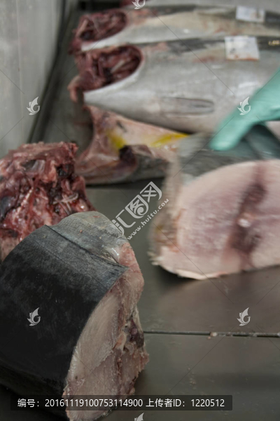 在魚店切一條鮭魚