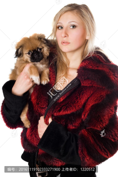 有吸引力的女人抱著一個獅子狗