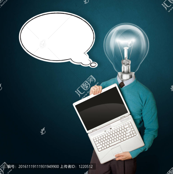 男性與燈頭在藍(lán)色與筆記本電腦和漫畫泡沫