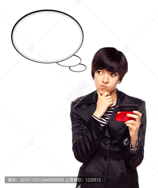 美麗的Multiethnic,Young,Woman用手機和空白的思想泡泡孤立在白色背景。