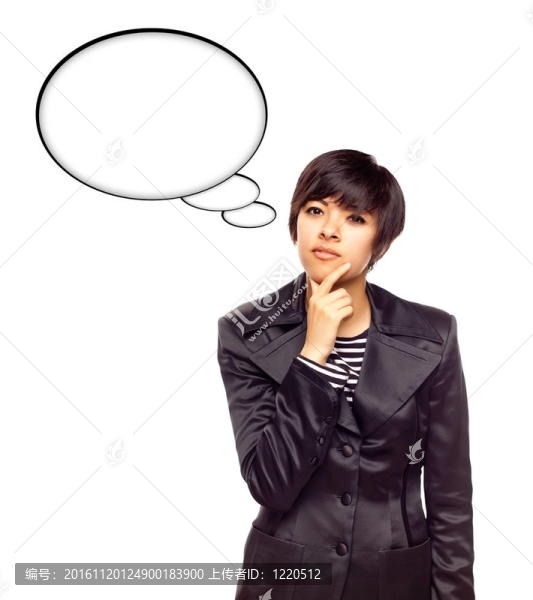 美麗的Young,Multiethnic,Woman和空白的思想泡泡孤立在白色背景。