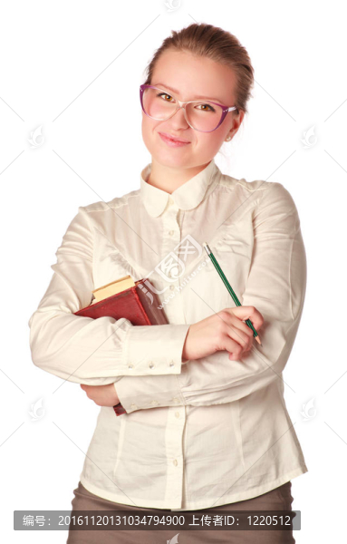 微笑的老師帶著書和筆