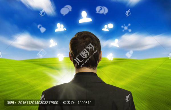 年輕的商人與社交網(wǎng)絡(luò)圖標(biāo)漂浮在他的頭3