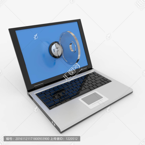 帶鎖和鑰匙的筆記本電腦。安全觀。