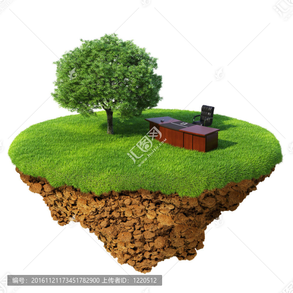 草坪與樹；辦公桌和椅子上的小罰款島/行星。空中的一塊土地。詳細(xì)地面基地。企業(yè)成功觀；創(chuàng)新；更新。