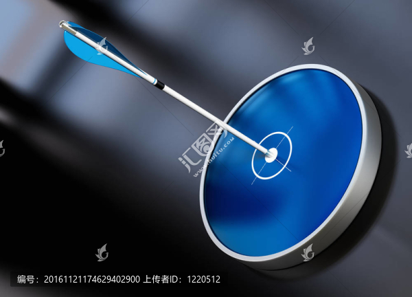 藍(lán)色設(shè)計(jì)目標(biāo)在黑色背景與箭頭擊中中心；成功的營(yíng)銷(xiāo)或商業(yè)計(jì)劃的象征