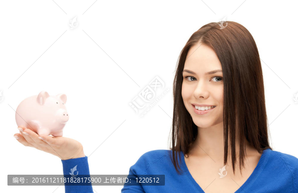可愛的女人與小豬銀行