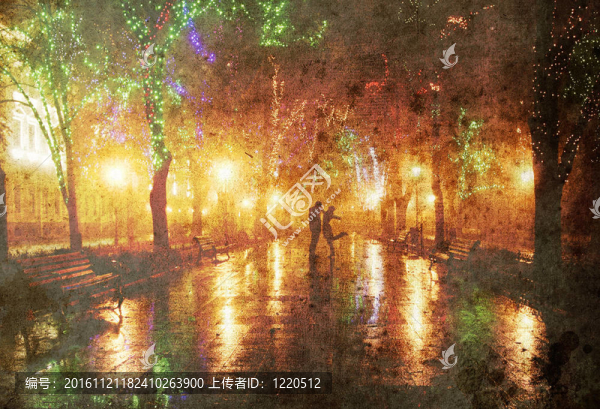 夫婦在夜間走在小巷燈。照片在舊的形象風(fēng)格。