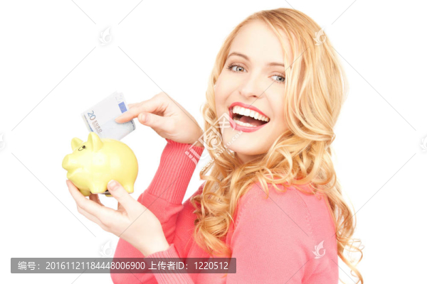 可愛的女人與儲蓄罐和錢